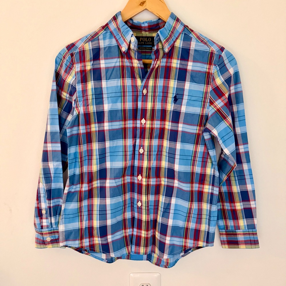 Polo Ralph Lauren Boys Blue Plaid Button Down Shirt Natural Stretch Size M 10-12